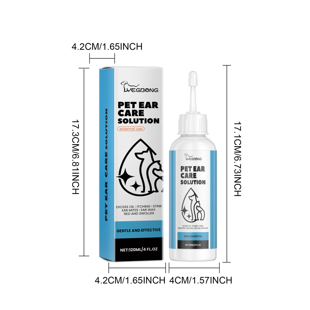Pet Ear Care Solution Liquid. 120ML Gentle Cleaning for Earwax, Mite Removal, Soothes Discomfort, Relieves Itching.