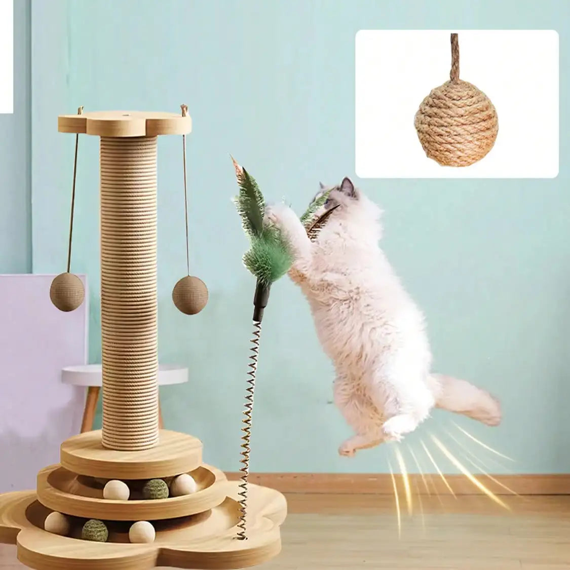 Solid Wood Cat Claw Pole With Catnip Ball, Sword Hemp Rope, Feather Playful Ball And Multi-Layer Platform