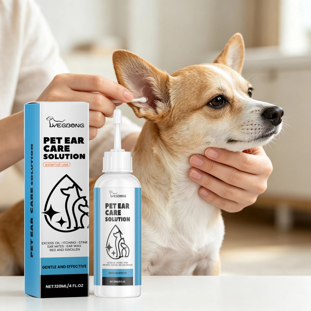 Pet Ear Care Solution Liquid. 120ML Gentle Cleaning for Earwax, Mite Removal, Soothes Discomfort, Relieves Itching.