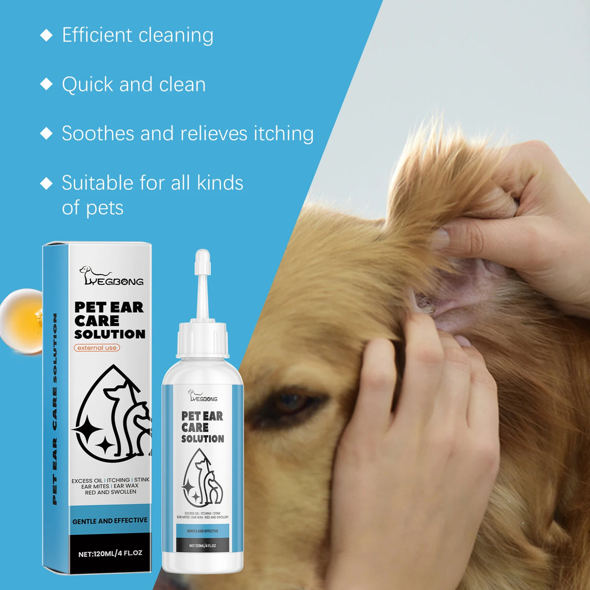 Pet Ear Care Solution Liquid. 120ML Gentle Cleaning for Earwax, Mite Removal, Soothes Discomfort, Relieves Itching.