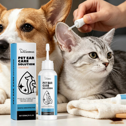 Pet Ear Care Solution Liquid. 120ML Gentle Cleaning for Earwax, Mite Removal, Soothes Discomfort, Relieves Itching.