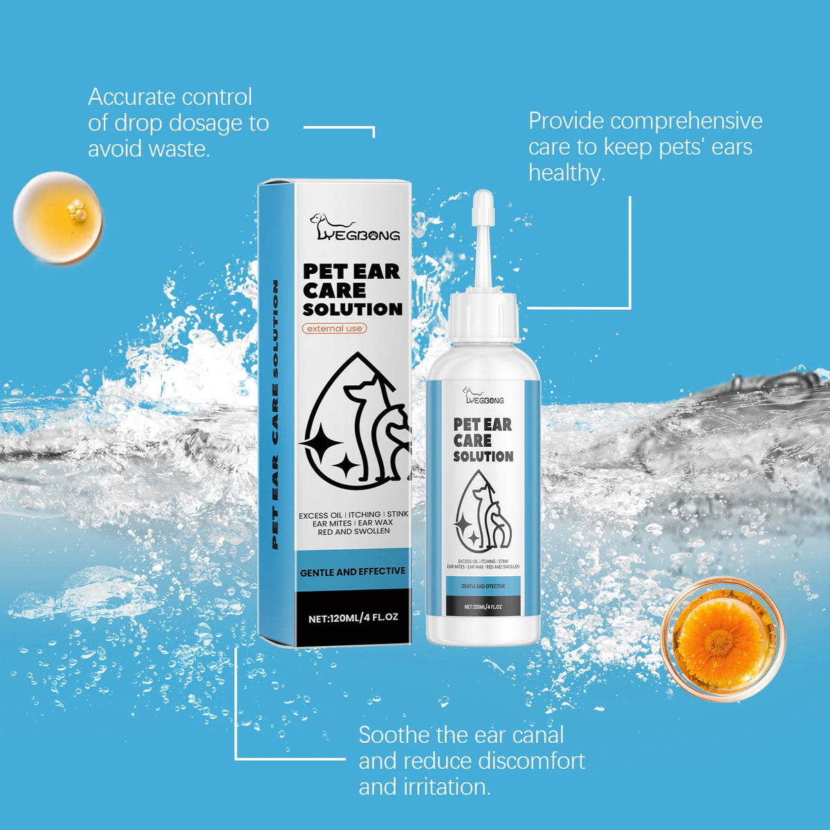 Pet Ear Care Solution Liquid. 120ML Gentle Cleaning for Earwax, Mite Removal, Soothes Discomfort, Relieves Itching.