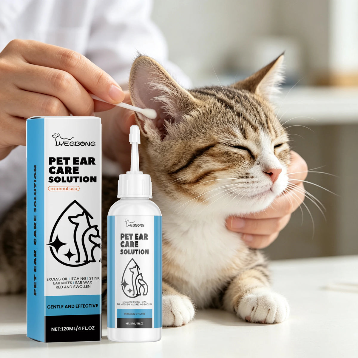 Pet Ear Care Solution Liquid. 120ML Gentle Cleaning for Earwax, Mite Removal, Soothes Discomfort, Relieves Itching.