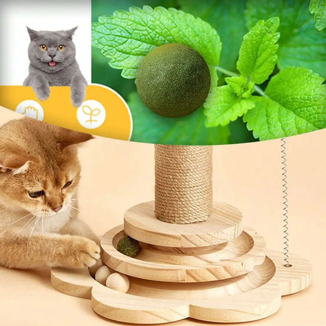 Solid Wood Cat Claw Pole With Catnip Ball, Sword Hemp Rope, Feather Playful Ball And Multi-Layer Platform