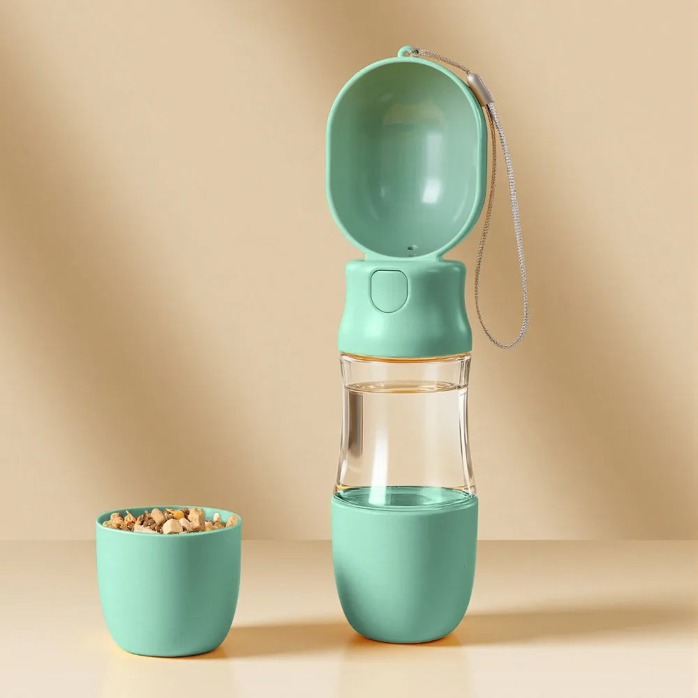 Leak-proof Outdoor Dog Water Bottle Sealed with Filter Water Dispenser Button Press Design to fill reservoir, other model hidden treat stash container.