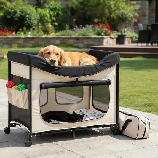 Elevated Lounge Pet Bed, Foldable Bunk Dog Bed with 600D Oxford Cloth and Dutch Velvet, Portable Raised Cot with Wheels, Side Storage Bags, and Carry Bag for Cats & Dogs, XL, Beige