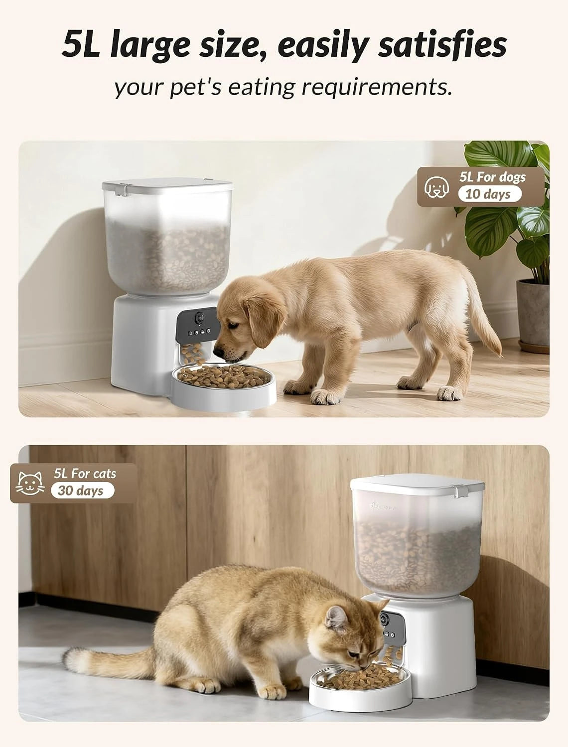 5L WiFi Smart Timed Pet Feeder with Built-in Camera 2 Way Audio APP Remote Feeding Desiccant Fresh Storage Cats Dogs