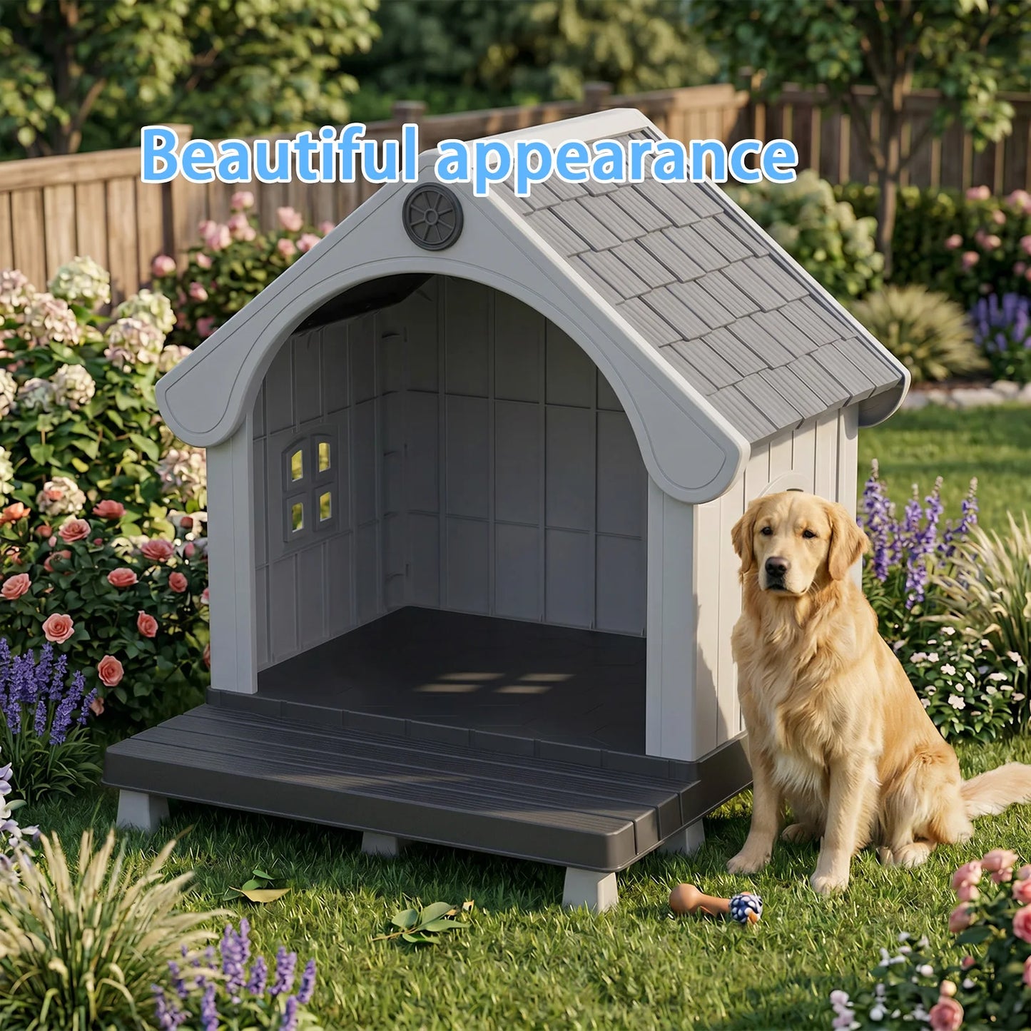 Elevated Resin Dog House with Sloped Roof, Weatherproof Outdoor Pet Shelter for Small Medium Dogs, All Season Backyard Dog Bed
