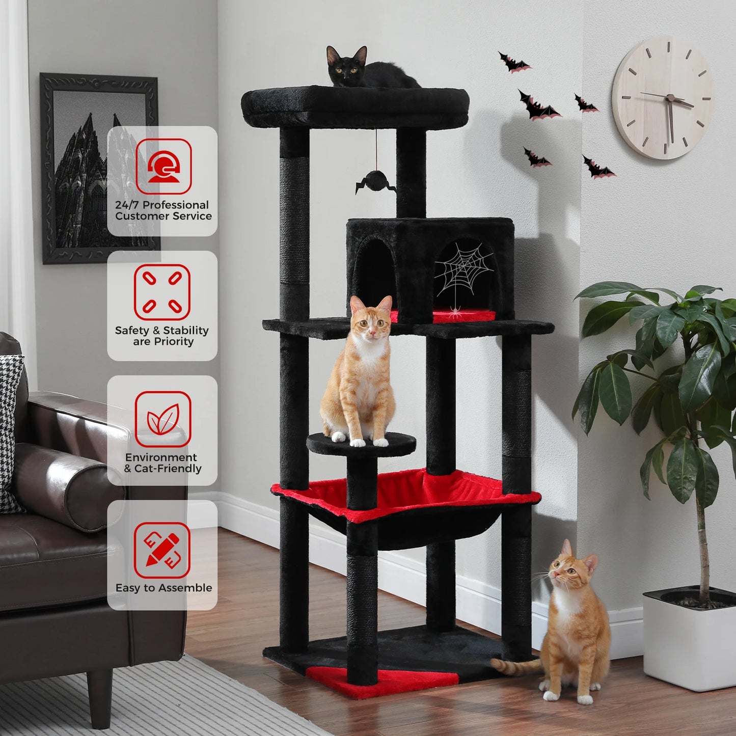Cat Tree for Indoor Cats 5-Level Cat Tower for Large Cats with Large Hammock Covered Scratching Posts Cozy Condo
