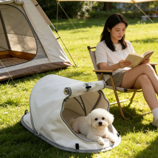 Foldable Pop Up Dog Tent Waterproof Wear-resistant Oxford Cloth Breathable Ventilated Mesh Panel Adjustable Roll Shade Cover Lightweight Compressible Pet Shelter Outdoor Picnic Camping Anti-UV Rest House For Small Breed Dogs