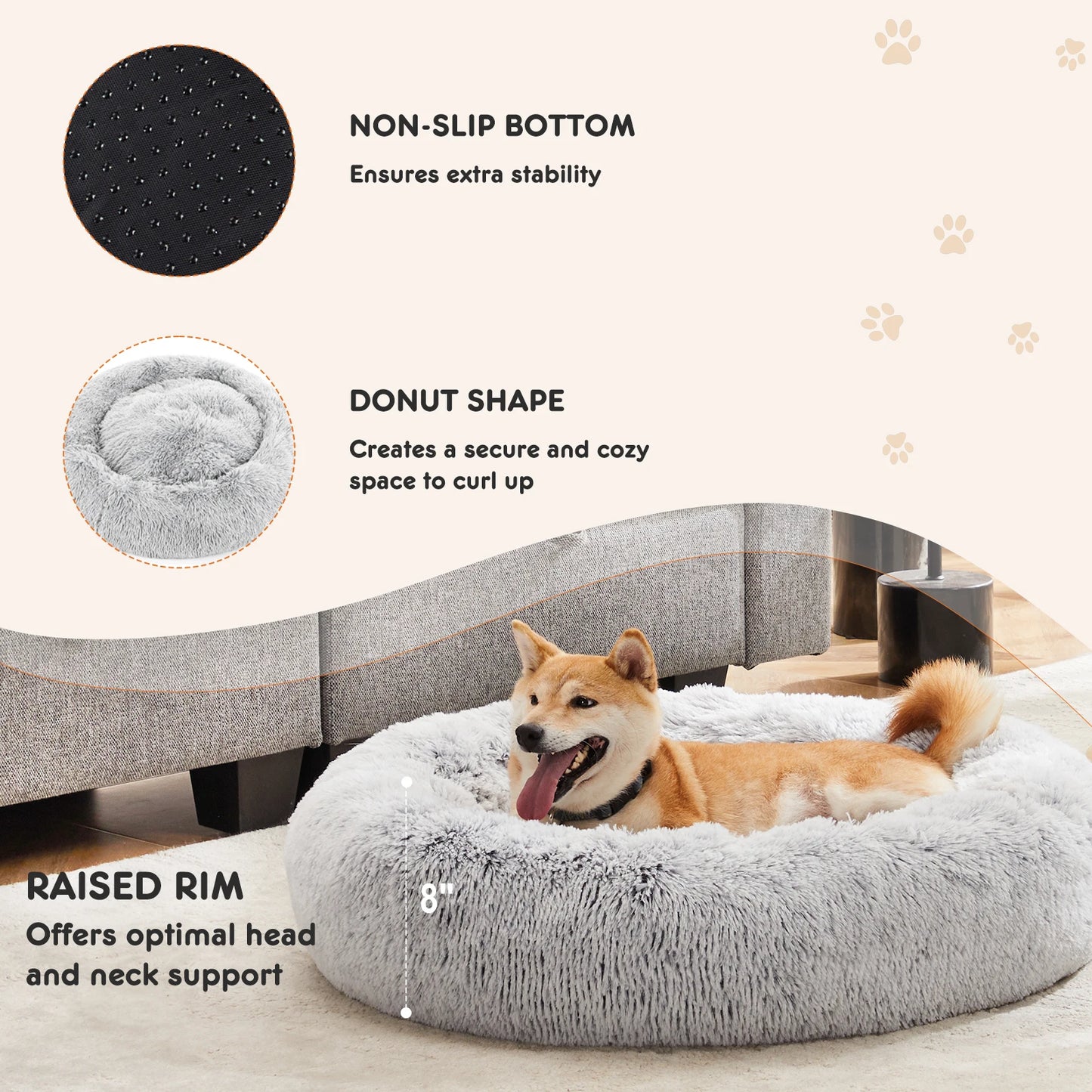 Round Plush Faux Fur Calming Dog Bed for Medium to Large Dogs Washable Large Pet Bed Anti-Slip Fluffy Dog Bed For Home