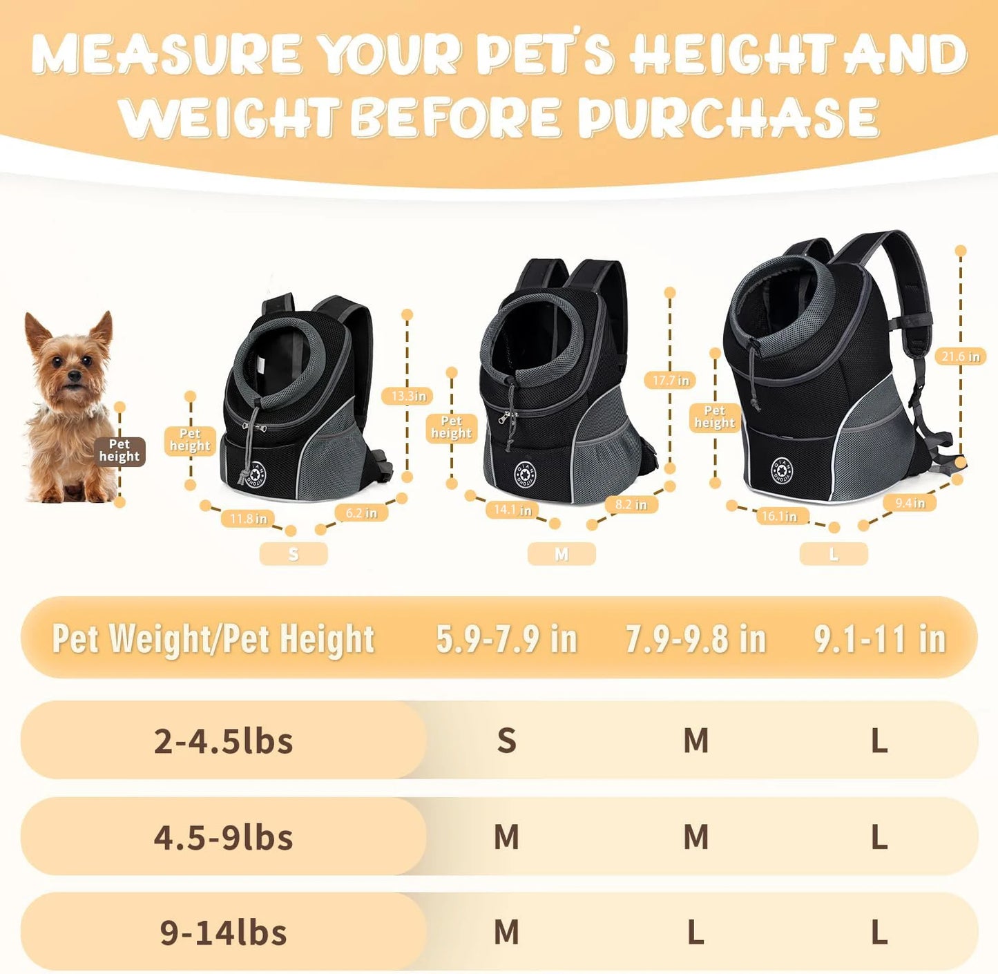 Pet Backpack Carrier for Small Dogs & Cats - Front-Folded Travel Backpack with Ventilation Mesh & Harness-Like Zipper Lock
