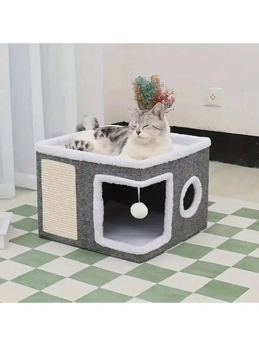 4-Season Multi-Level Cat House: Foldable Indoor Play Cube with 2-Layer Bed, Toy Tunnel, Scratching Board, Climbing Rope, Soft Cushions, and Non-Slip Base - Perfect Cat Cave & Warm Bed for Small to Large Cats (Grey）