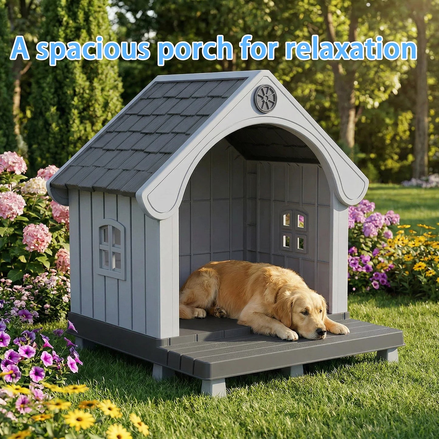 Elevated Resin Dog House with Sloped Roof, Weatherproof Outdoor Pet Shelter for Small Medium Dogs, All Season Backyard Dog Bed