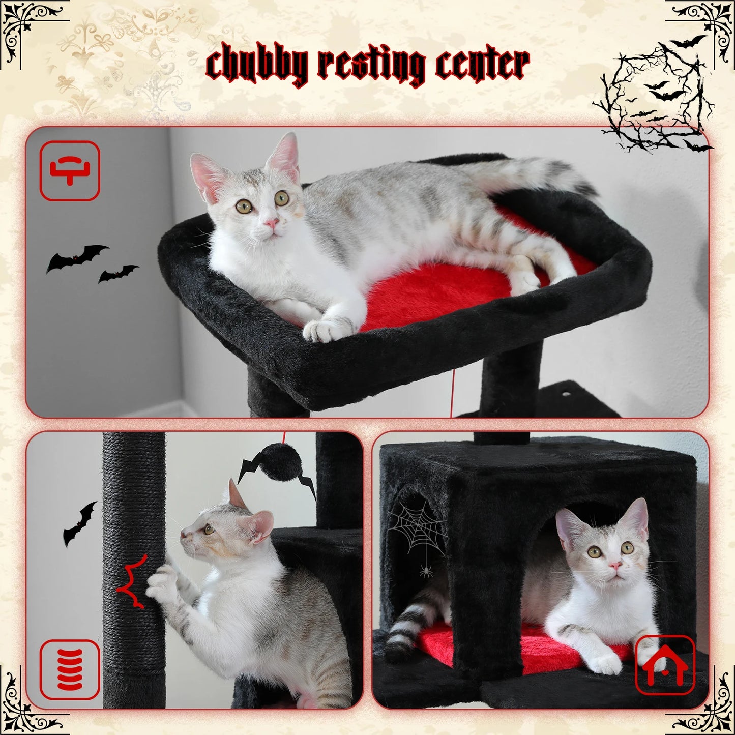 Cat Tree for Indoor Cats 5-Level Cat Tower for Large Cats with Large Hammock Covered Scratching Posts Cozy Condo