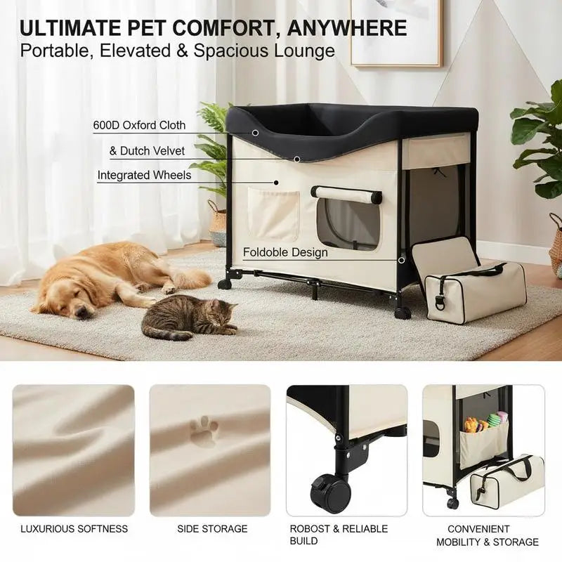 Elevated Lounge Pet Bed, Foldable Bunk Dog Bed with 600D Oxford Cloth and Dutch Velvet, Portable Raised Cot with Wheels, Side Storage Bags, and Carry Bag for Cats & Dogs, XL, Beige