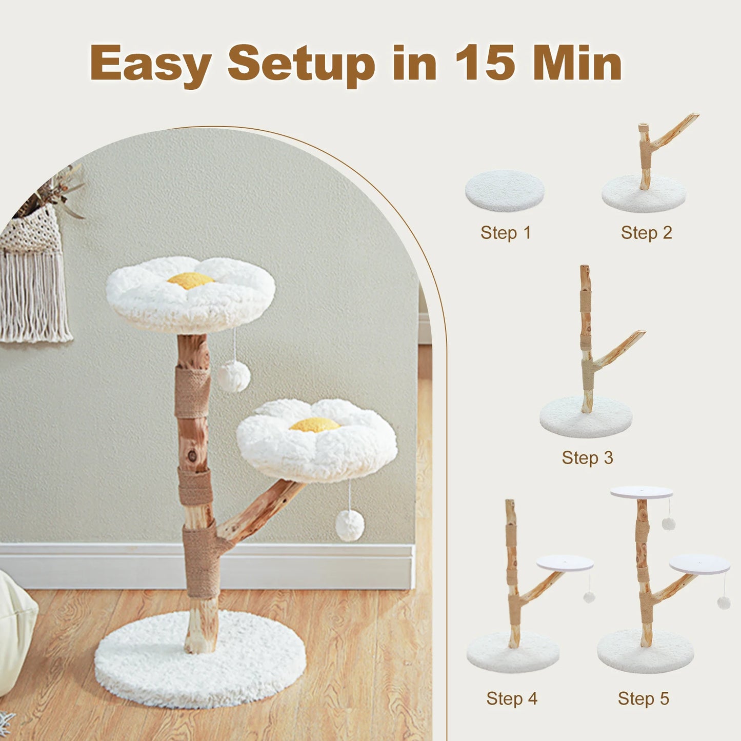 Flower Cat Tree for Indoor Cats Modern Wood Cat Tower with 2 Perches Scratching Post Cat Accessories Cat Toys