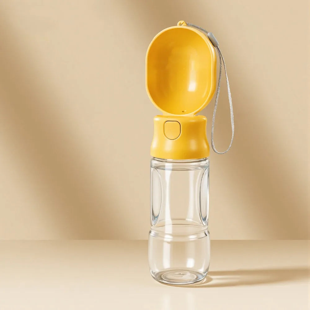 Leak-proof Outdoor Dog Water Bottle Sealed with Filter Water Dispenser Button Press Design to fill reservoir, other model hidden treat stash container.