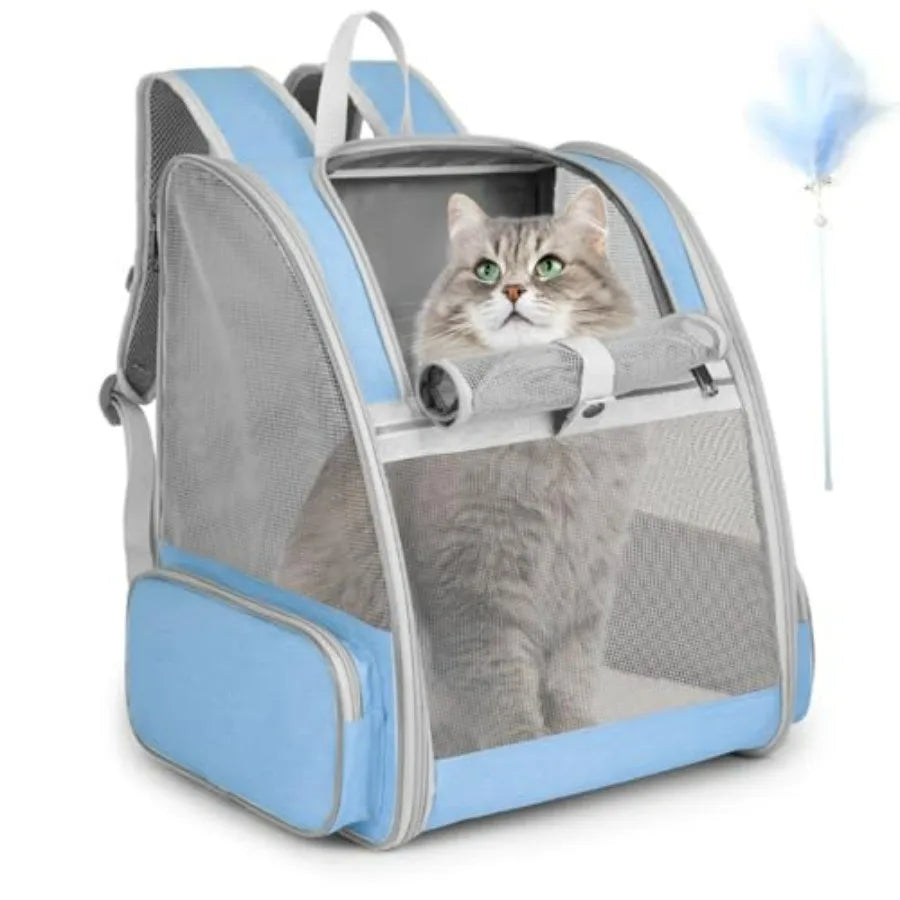 Cat Backpack Carrier, Large Pet Carrier Backpack with Kitten Wand Feather Toy for Medium Small Dog Cat Puppy Kitty Bunny up to