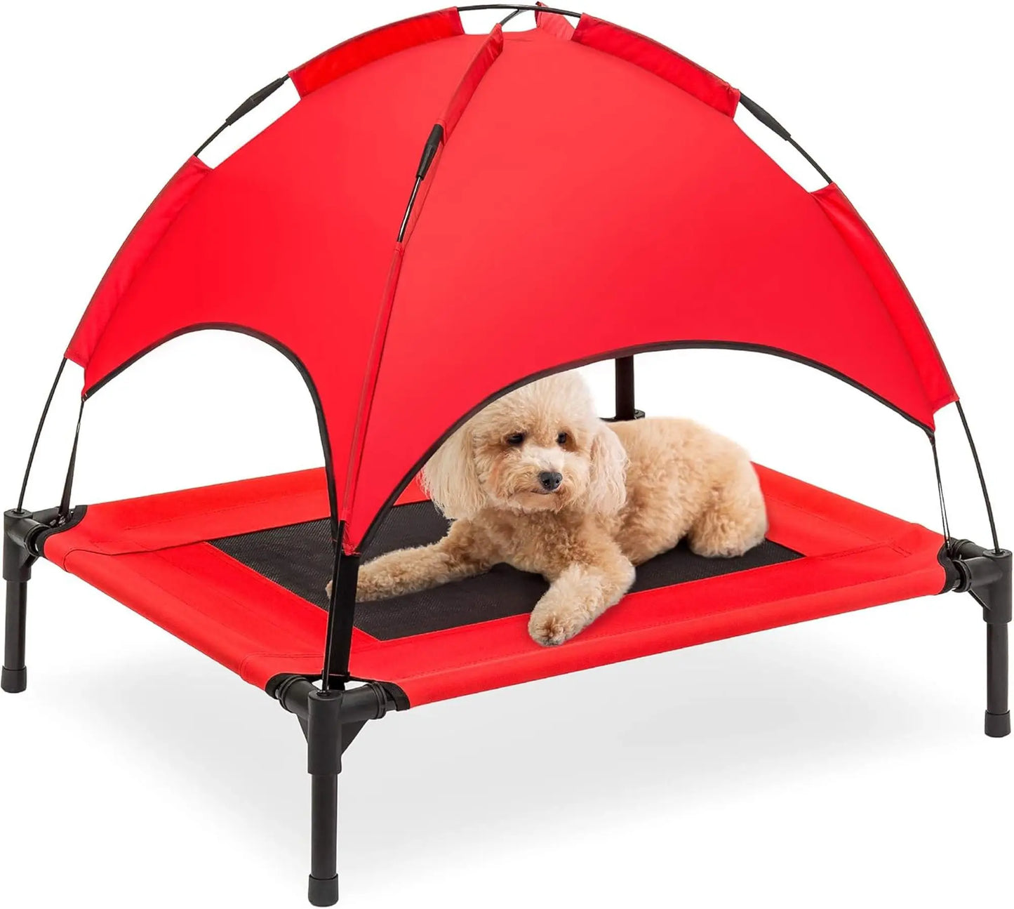 30in Elevated Cooling Dog Bed, Outdoor Raised Mesh Pet Cot w/Removable Canopy Shade Tent, Carrying Bag, Breathable Fabric - Red
