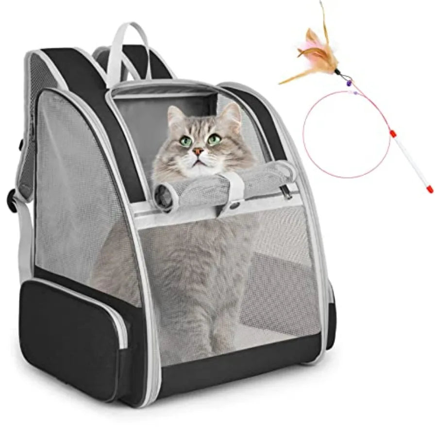 Cat Backpack Carrier, Large Pet Carrier Backpack with Kitten Wand Feather Toy for Medium Small Dog Cat Puppy Kitty Bunny up to
