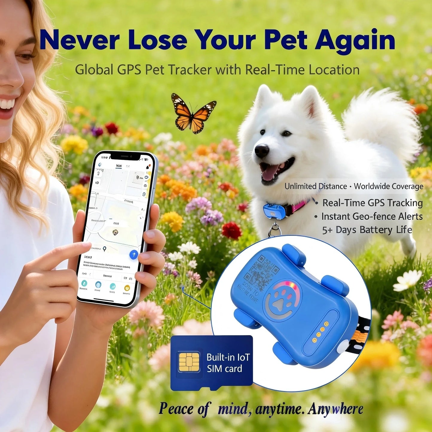 GPS Pet Tracker for Dogs Cats Built-in IoT Sim WiFi Tracking Unlimited Distance QR Code Pet Locator, Subscription Required
