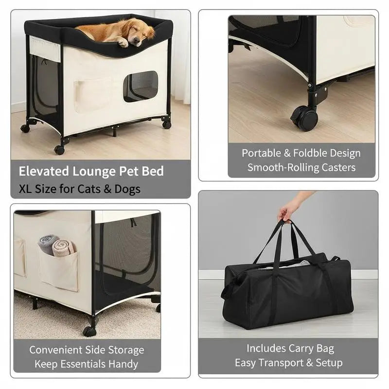 Elevated Lounge Pet Bed, Foldable Bunk Dog Bed with 600D Oxford Cloth and Dutch Velvet, Portable Raised Cot with Wheels, Side Storage Bags, and Carry Bag for Cats & Dogs, XL, Beige