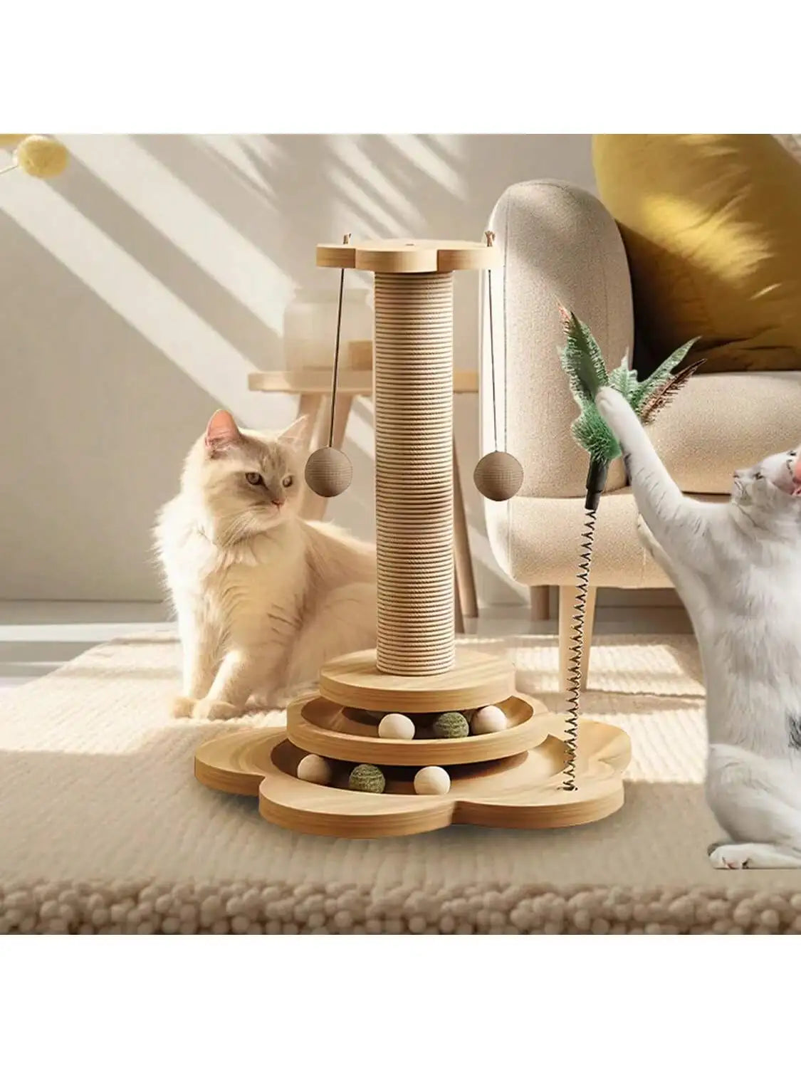 Solid Wood Cat Claw Pole With Catnip Ball, Sword Hemp Rope, Feather Playful Ball And Multi-Layer Platform