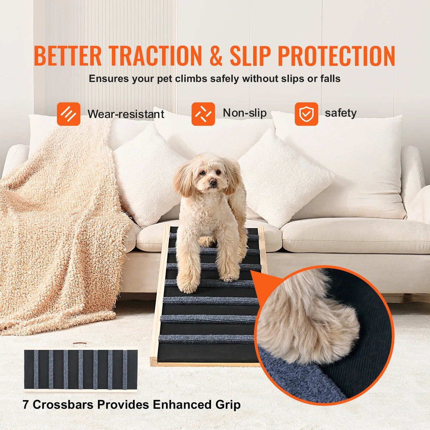 SucceBuy Dog Ramp Folding Ladder Anti-slip High Adjustable Wooden Pet Ramp Removable for Small Old Dog Climb Stairs Sofa Car Bed