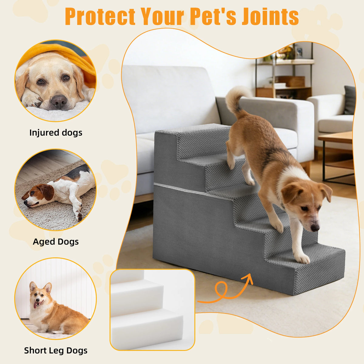 3-5 Step Foam Dog Stairs for Small Dogs, Indoor Non-Slip Pet Stairs For Home use.