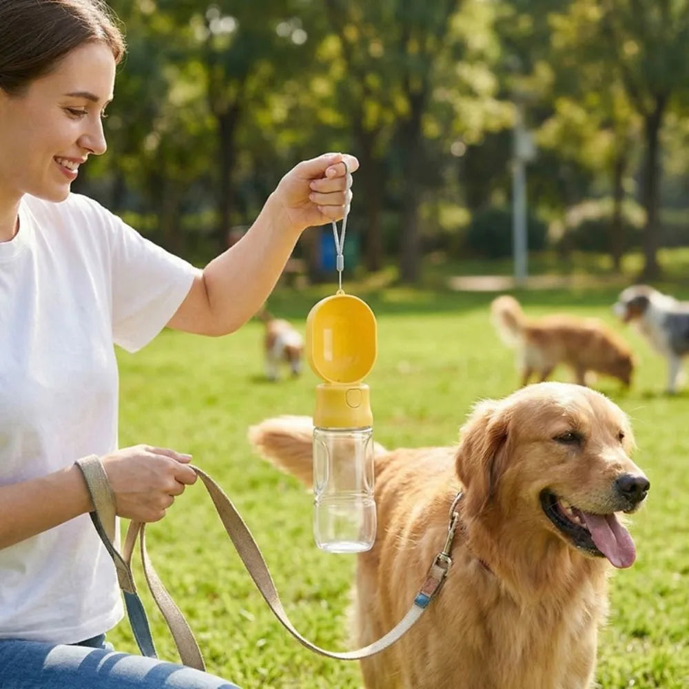 Leak-proof Outdoor Dog Water Bottle Sealed with Filter Water Dispenser Button Press Design to fill reservoir, other model hidden treat stash container.