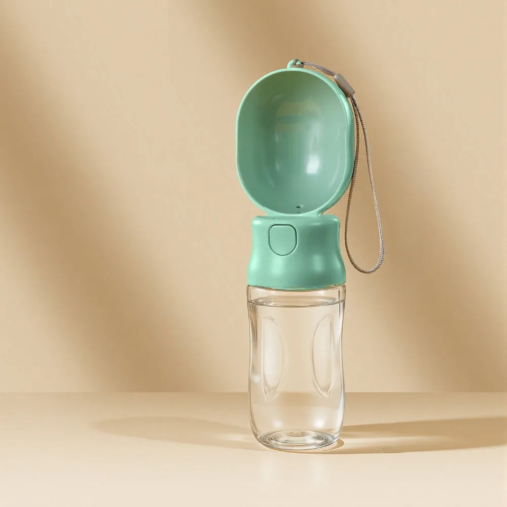 Leak-proof Outdoor Dog Water Bottle Sealed with Filter Water Dispenser Button Press Design to fill reservoir, other model hidden treat stash container.