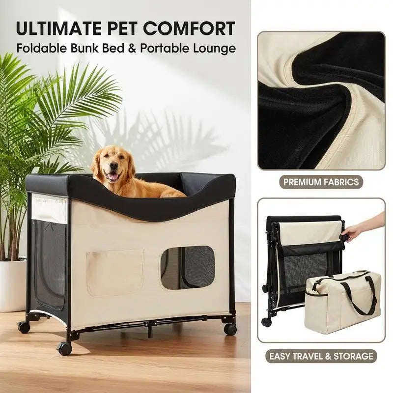 Elevated Lounge Pet Bed, Foldable Bunk Dog Bed with 600D Oxford Cloth and Dutch Velvet, Portable Raised Cot with Wheels, Side Storage Bags, and Carry Bag for Cats & Dogs, XL, Beige