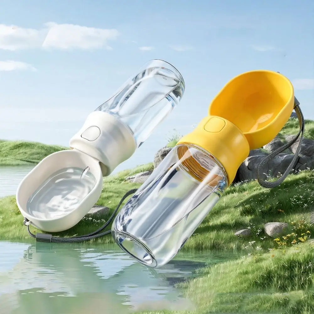 Leak-proof Outdoor Dog Water Bottle Sealed with Filter Water Dispenser Button Press Design to fill reservoir, other model hidden treat stash container.