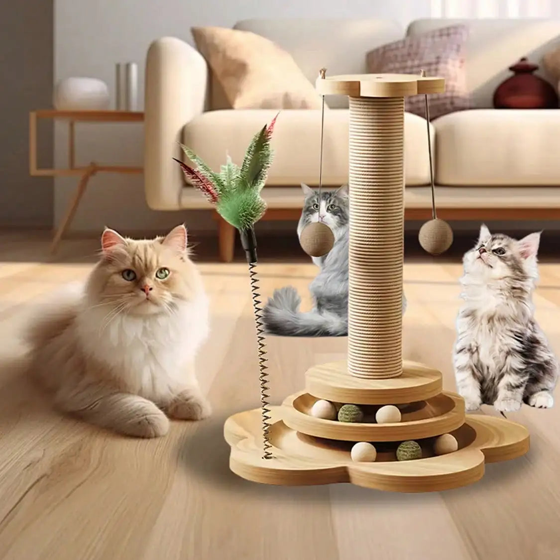 Solid Wood Cat Claw Pole With Catnip Ball, Sword Hemp Rope, Feather Playful Ball And Multi-Layer Platform
