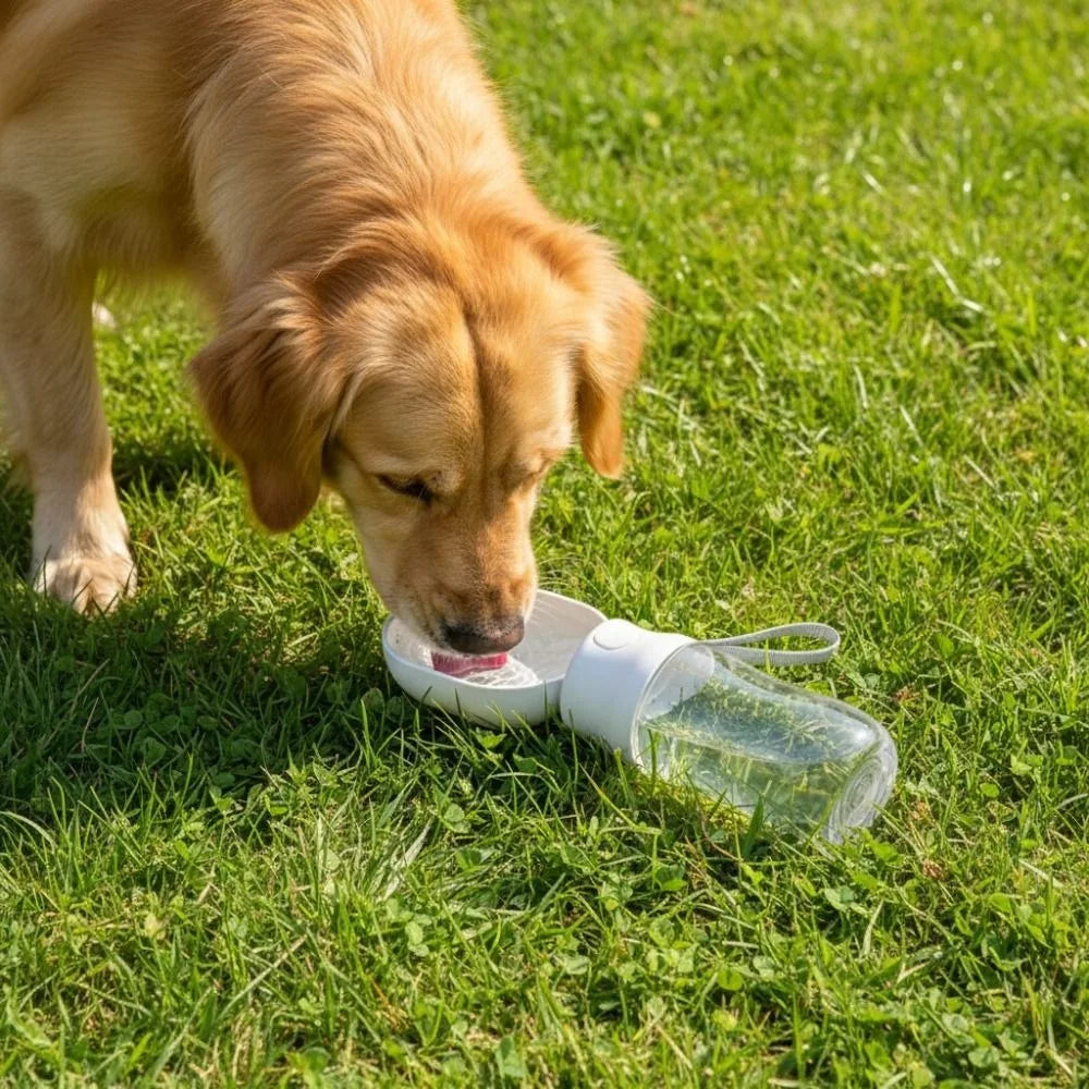 Leak-proof Outdoor Dog Water Bottle Sealed with Filter Water Dispenser Button Press Design to fill reservoir, other model hidden treat stash container.
