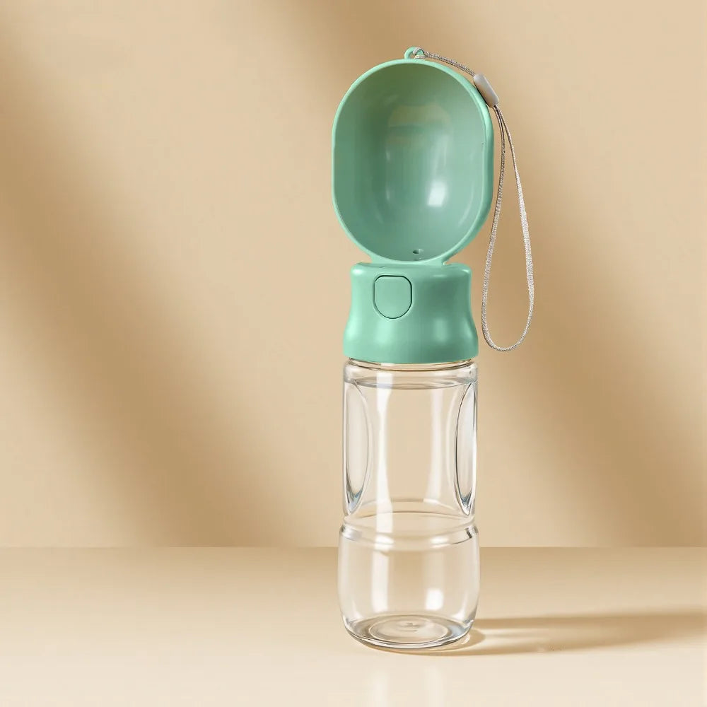 Leak-proof Outdoor Dog Water Bottle Sealed with Filter Water Dispenser Button Press Design to fill reservoir, other model hidden treat stash container.