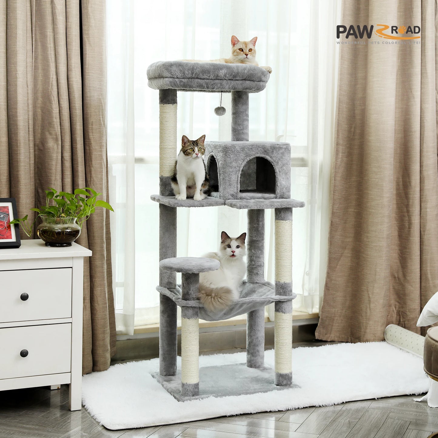 Cat Tree for Indoor Cats 5-Level Cat Tower for Large Cats with Large Hammock Covered Scratching Posts Cozy Condo