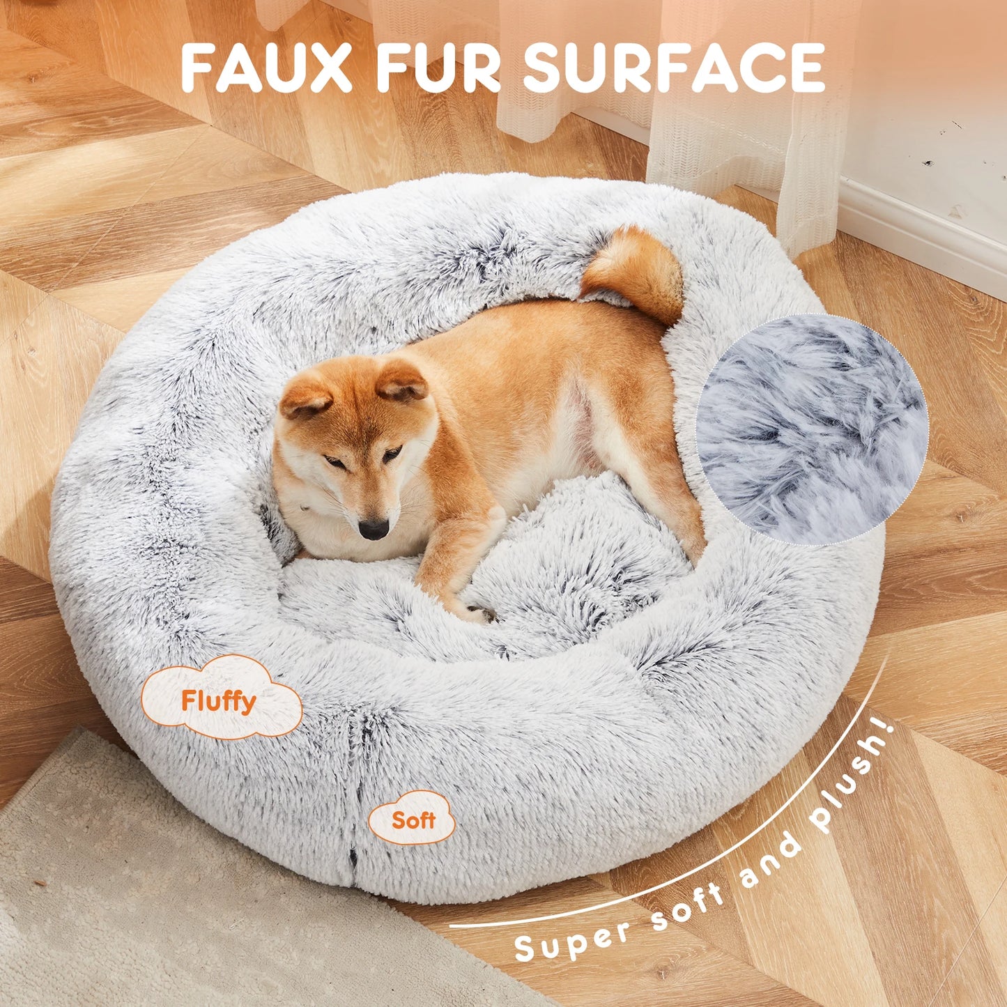 Round Plush Faux Fur Calming Dog Bed for Medium to Large Dogs Washable Large Pet Bed Anti-Slip Fluffy Dog Bed For Home