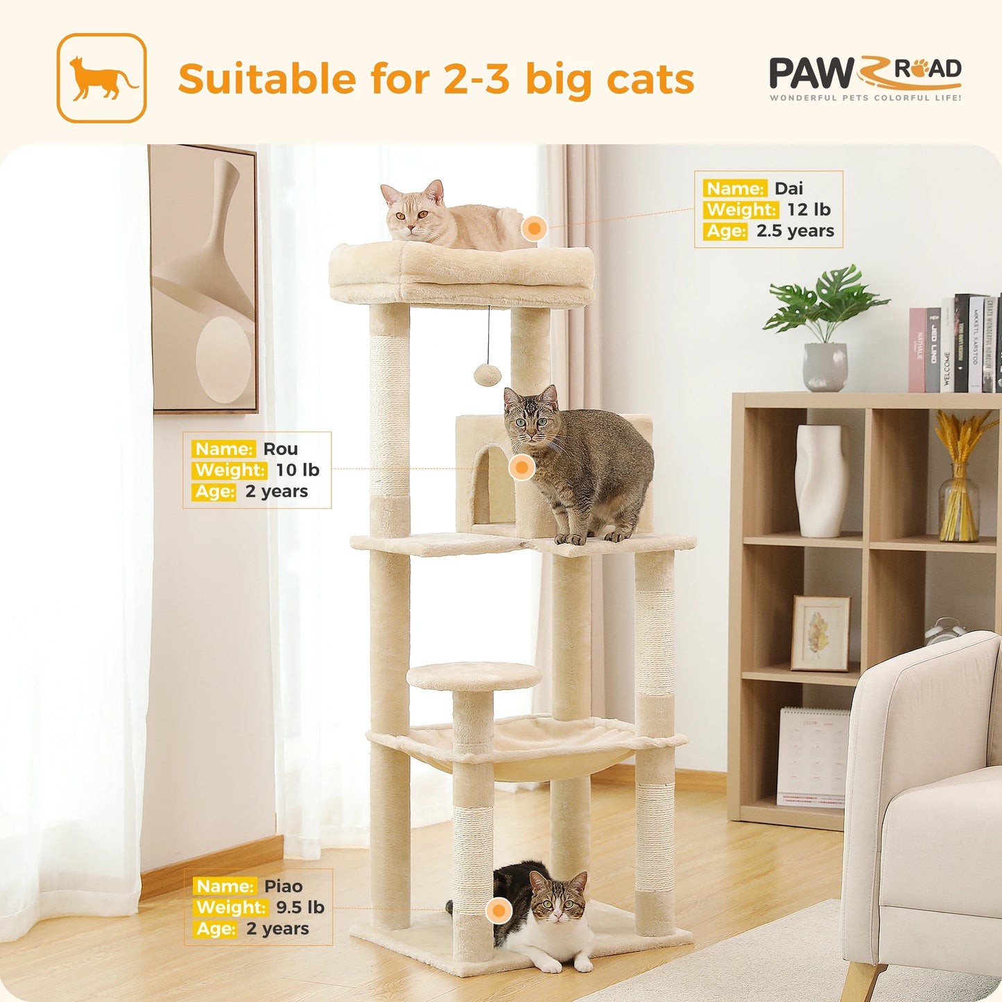 Cat Tree for Indoor Cats 5-Level Cat Tower for Large Cats with Large Hammock Covered Scratching Posts Cozy Condo