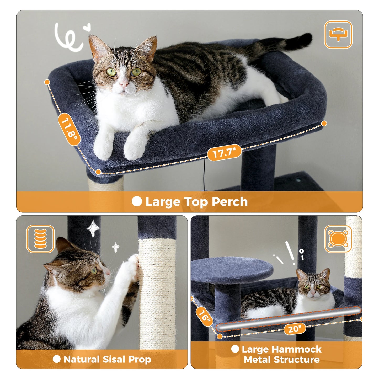 Cat Tree for Indoor Cats 5-Level Cat Tower for Large Cats with Large Hammock Covered Scratching Posts Cozy Condo