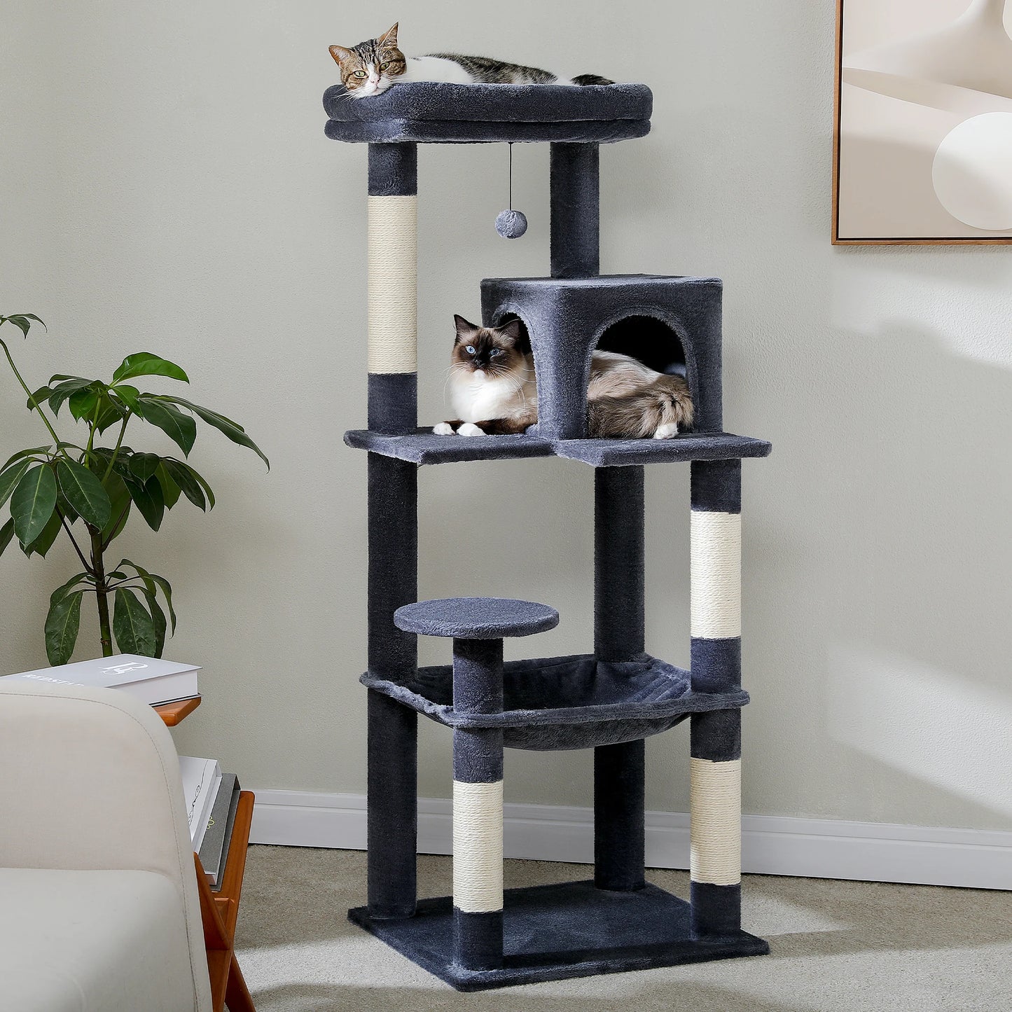 Cat Tree for Indoor Cats 5-Level Cat Tower for Large Cats with Large Hammock Covered Scratching Posts Cozy Condo