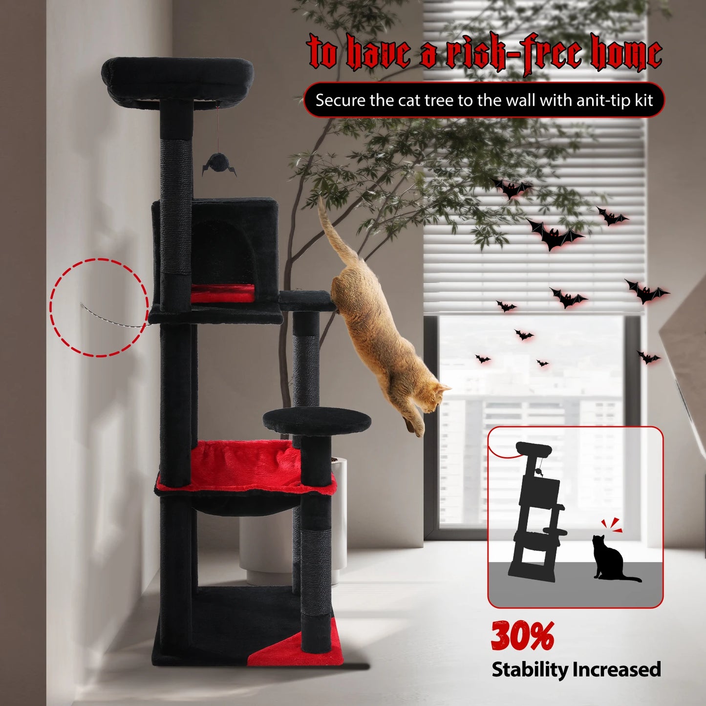 Cat Tree for Indoor Cats 5-Level Cat Tower for Large Cats with Large Hammock Covered Scratching Posts Cozy Condo