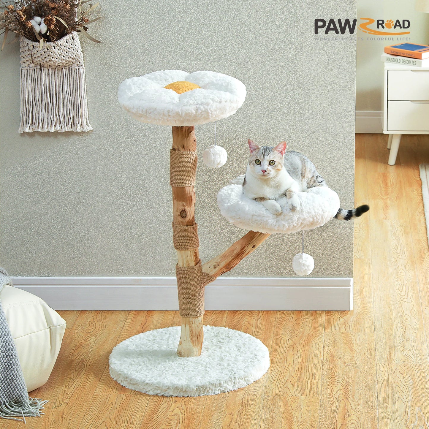 Flower Cat Tree for Indoor Cats Modern Wood Cat Tower with 2 Perches Scratching Post Cat Accessories Cat Toys