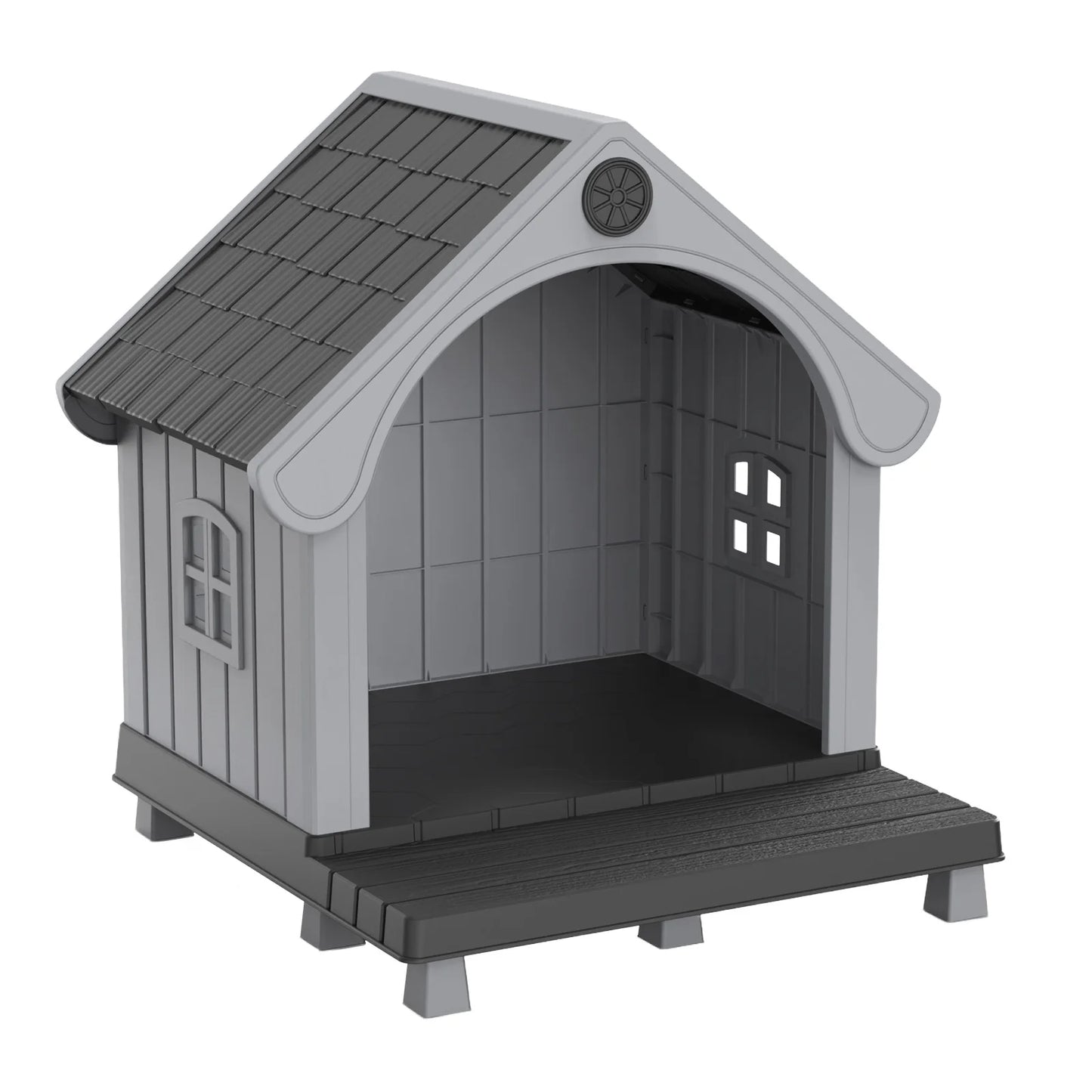 Elevated Resin Dog House with Sloped Roof, Weatherproof Outdoor Pet Shelter for Small Medium Dogs, All Season Backyard Dog Bed