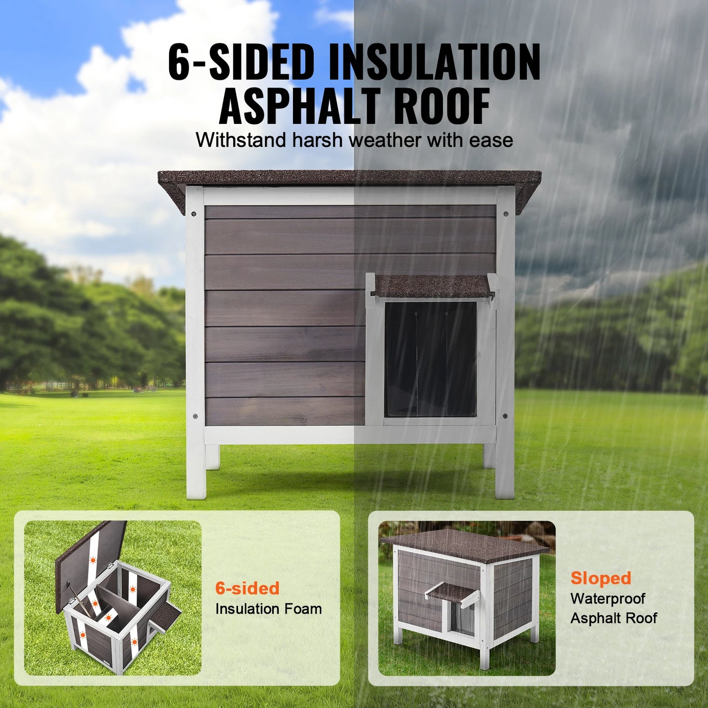 SucceBuy Outdoor Cat House Weatherproof, Cat Shelter for Cat Outdoor Wooden Cat Rabbit House with All-Round Foam Insulated