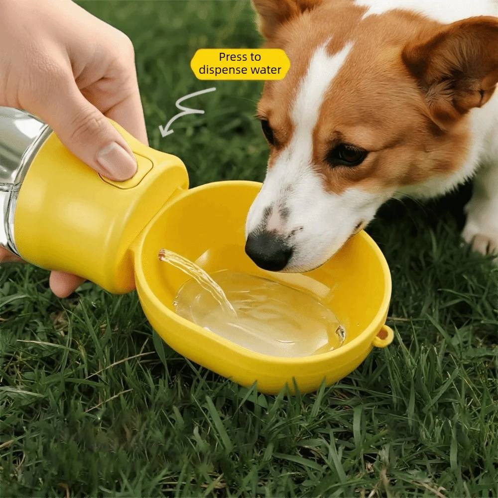 Leak-proof Outdoor Dog Water Bottle Sealed with Filter Water Dispenser Button Press Design to fill reservoir, other model hidden treat stash container.