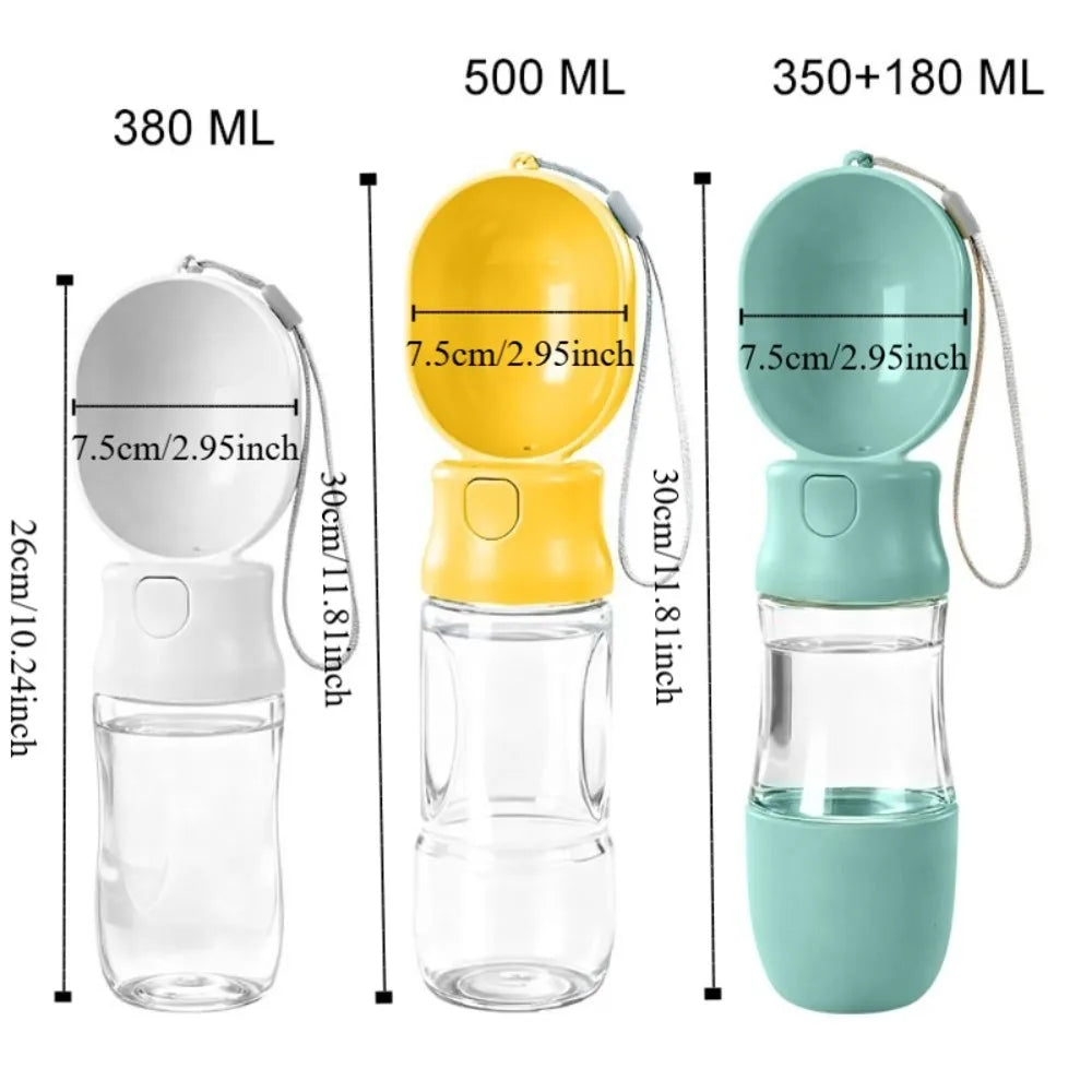 Leak-proof Outdoor Dog Water Bottle Sealed with Filter Water Dispenser Button Press Design to fill reservoir, other model hidden treat stash container.