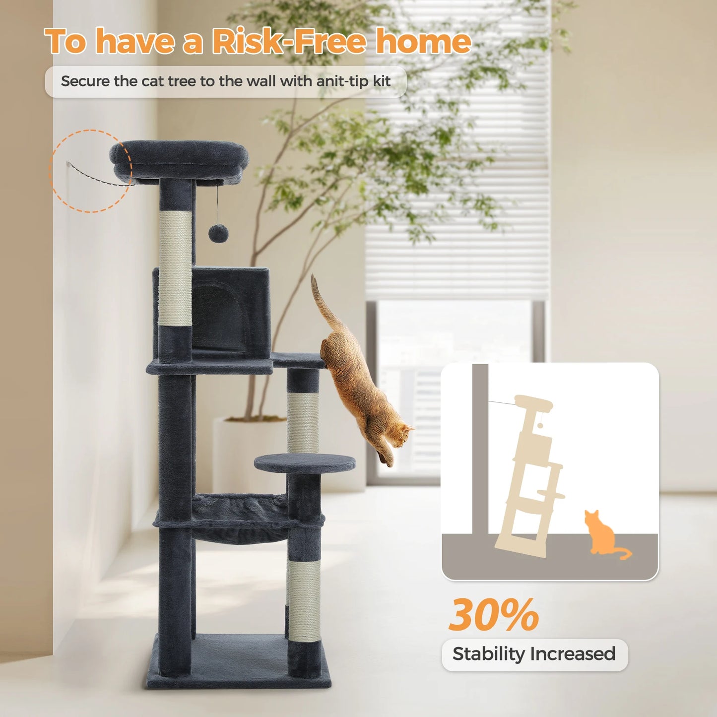 Cat Tree for Indoor Cats 5-Level Cat Tower for Large Cats with Large Hammock Covered Scratching Posts Cozy Condo