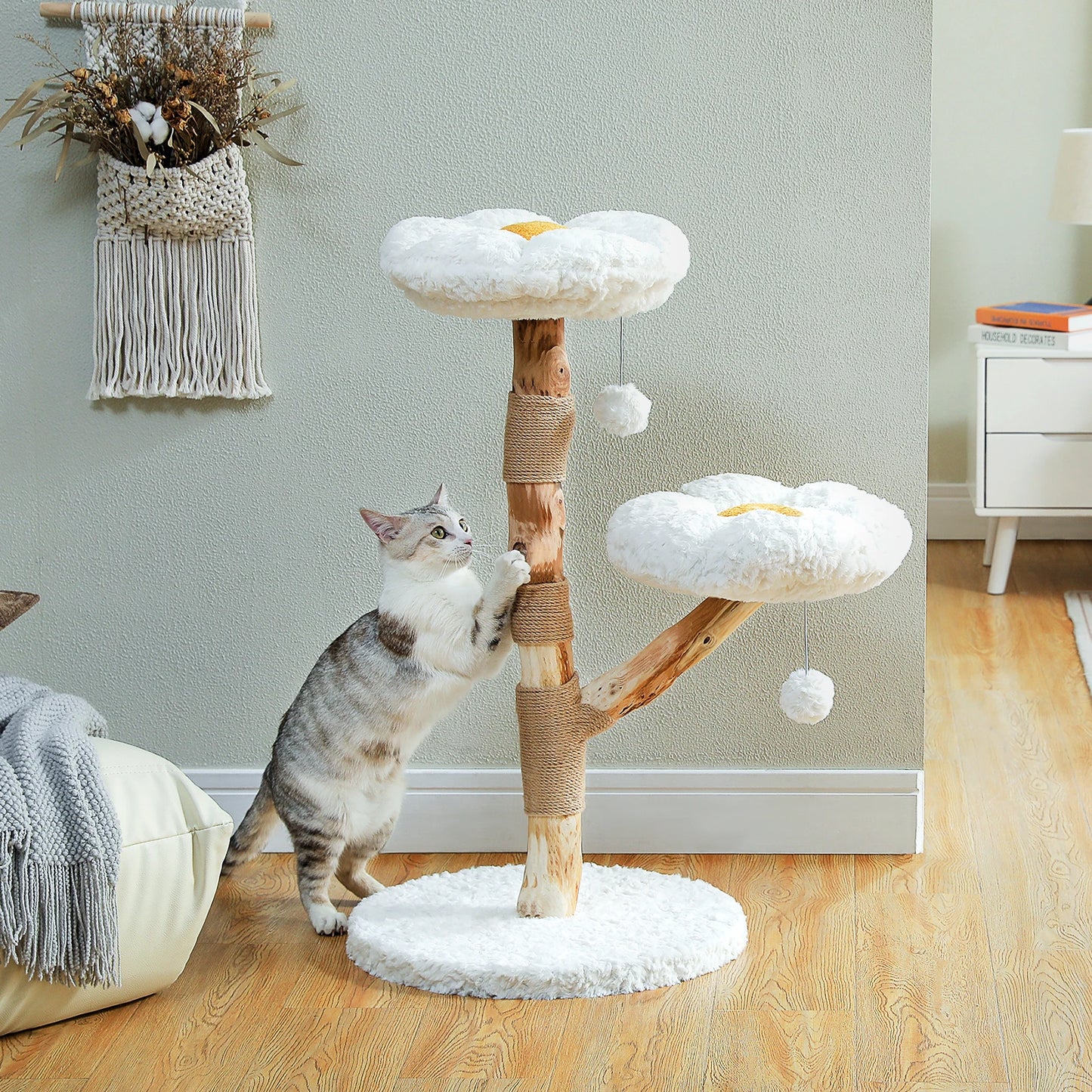 Flower Cat Tree for Indoor Cats Modern Wood Cat Tower with 2 Perches Scratching Post Cat Accessories Cat Toys